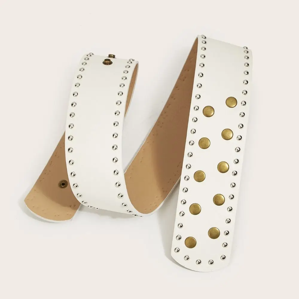 Gothic Wide Waist Belt Metal Studded Hollow Circle Eyelet Waistband for Women No Buckle Rivet Corset Wrap Belt For Women Dresses