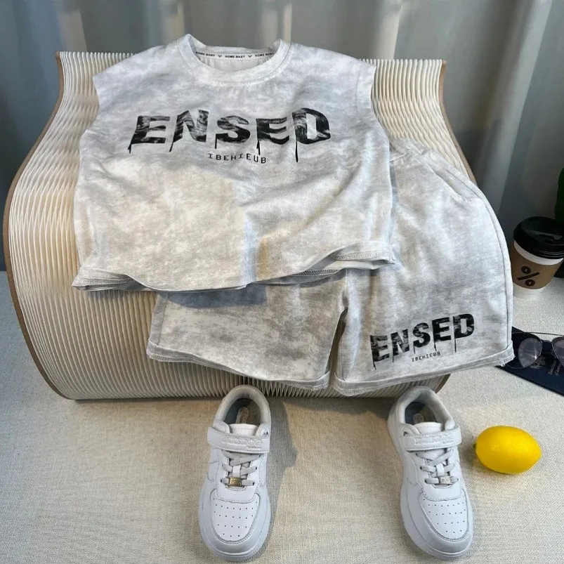 

2025 Teenage Boy Clothes Kids Letter Print Sleeveless Top & Shorts 2pcs Suit New Fashion Baby Boys Clothing Children Tracksuit