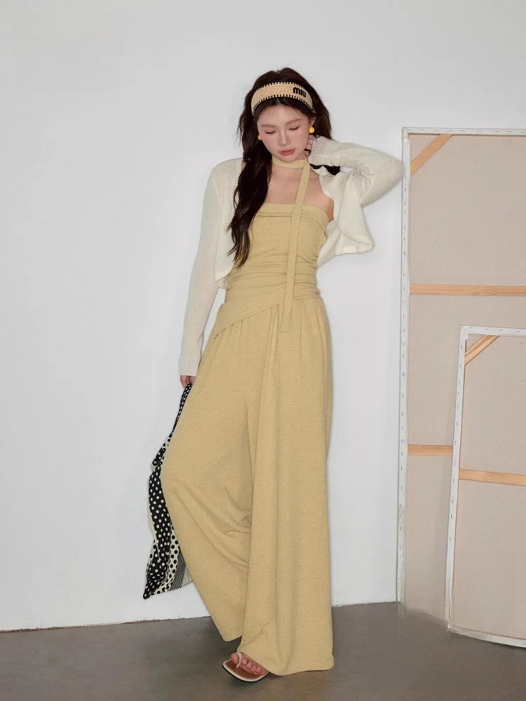 Conjunto de pantalones de pierna ancha de cintura alta y pecho envolvente amarillo, conjunto informal adelgazante de talla grande para mujer, conjunto Sle Faion para ir al trabajo, versión coreana