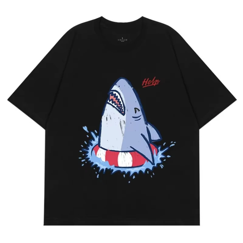 2026 Drowning Shark Creative Cotton Breathable Loose Men's and Women's Casual Short Sleeve T Shirt