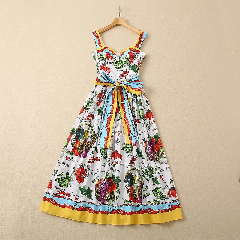 European and American women's wear autumn 2022 new styles Condole belt sleeveless vegetable print Fashion cotton pleated dress