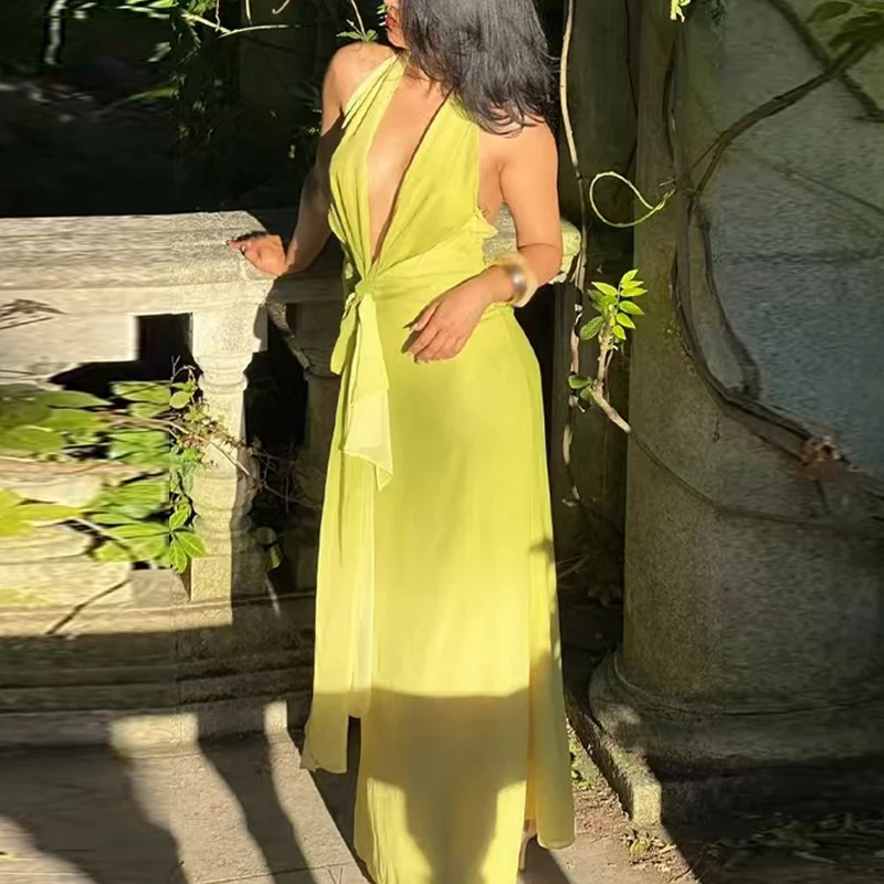 HXAO Abito da donna Tie Dye Halter Dress Estate 2025 Abiti da sera eleganti per feste Chic Lace-Up Backless Senza maniche Maxi Vestido