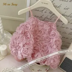 Baby Girl Princess Suspender 3D Flower Tutu Vest Infant Toddler Girl Summer Sleeveless Tshirt Party Birthday Baby Clothes 1-7Y