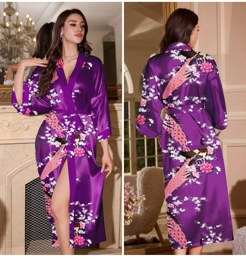 

Long Robe Peacocky Print Kimono Lady Elegant Nightwear Loose Satin Intimate Lingerie Women Sleepwear Bathrobe Gown Party Wear
