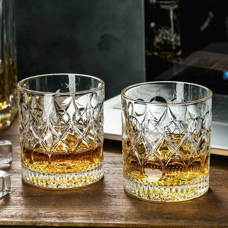 2pcs Glass Cup Whiskey 330ml Relief Cups Drinkware Kitchen Glasses for Cocktail Iced Coffee Beer Water Household Wine Glass Sets