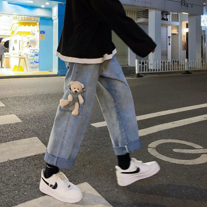 2023 New Fashion Bomb Street Jeans Men\'s Casual Pants Cute Pocket Bear Harajuku Wide Leg Pants Denim Pants Trend