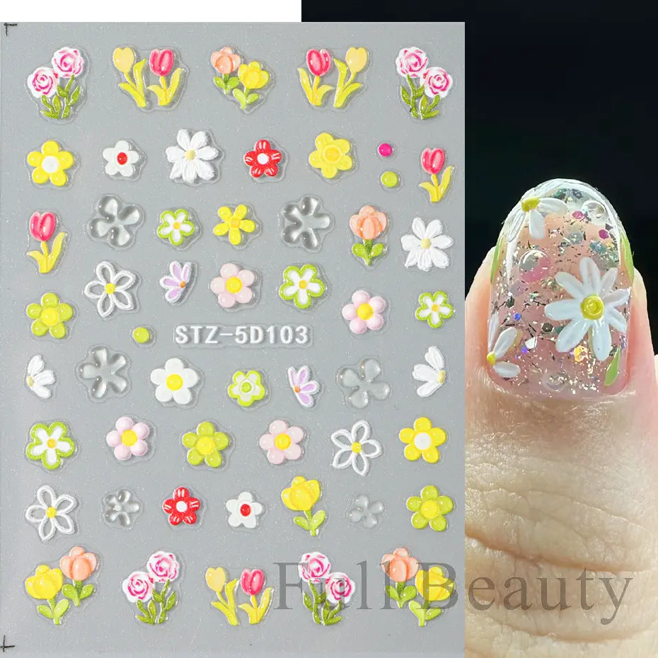 5D Embossed Flower Nail Stickers Decals Sunflower Daisy Spring Engraved Sliders DIY Manicure Decoration Accesories