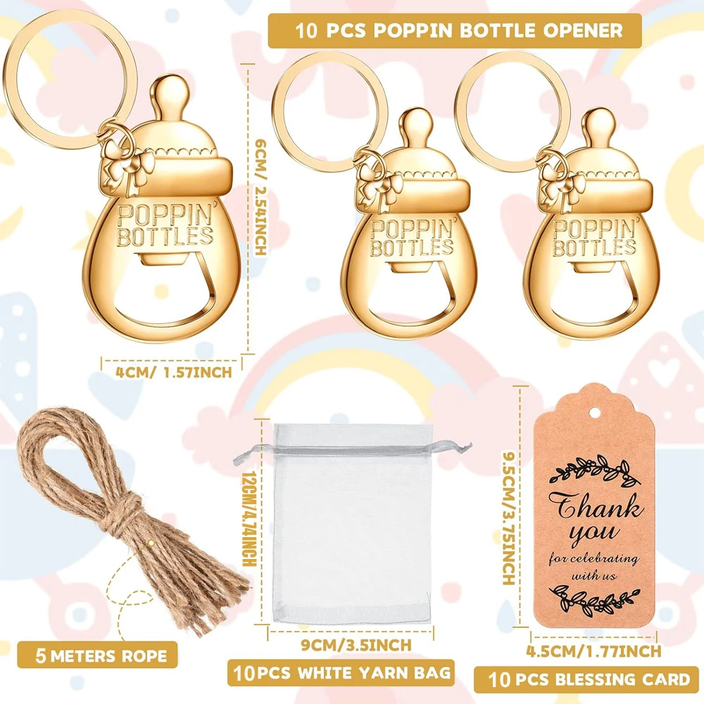 10 set baby shower gift set, bottle shaped opener with hard gauze bag commemorative keychain, thank you label themed party gift