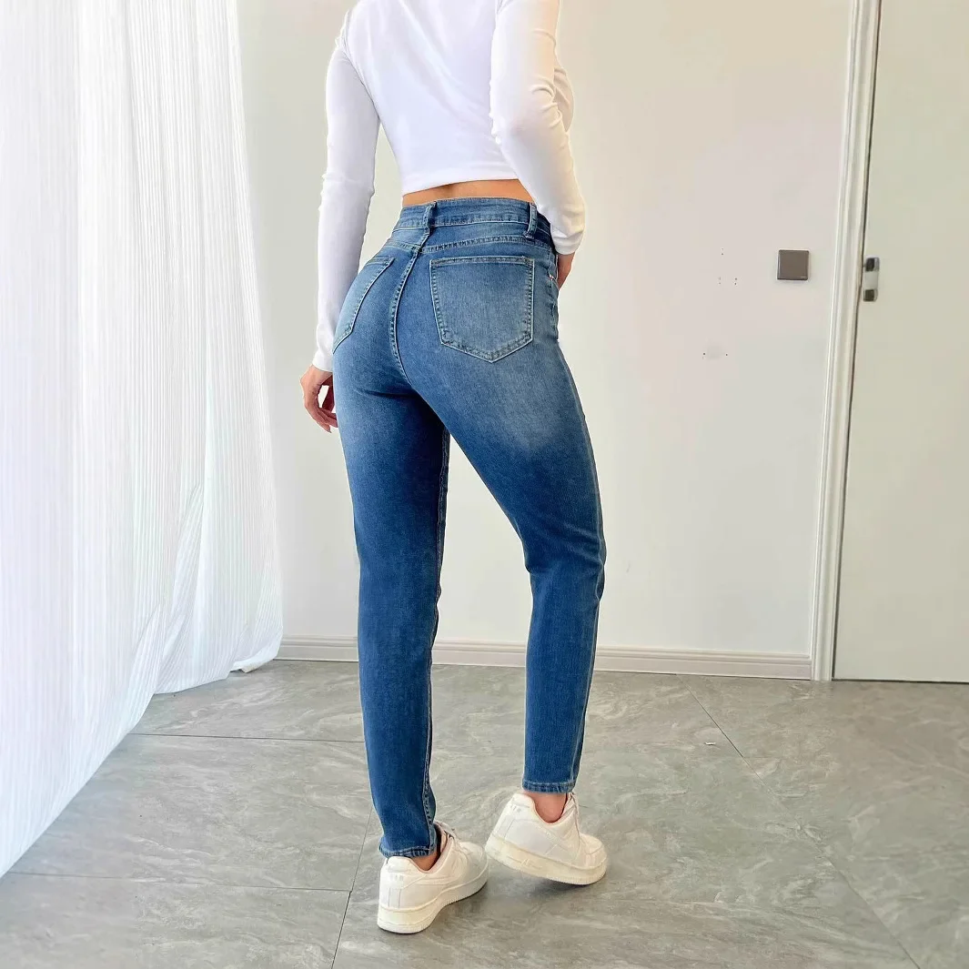 New Simple Washed High-waisted Denim Small Leg Pants.Stylish Skinny Jeans for Women for Spring and Autumn.Casual Pencil Pants