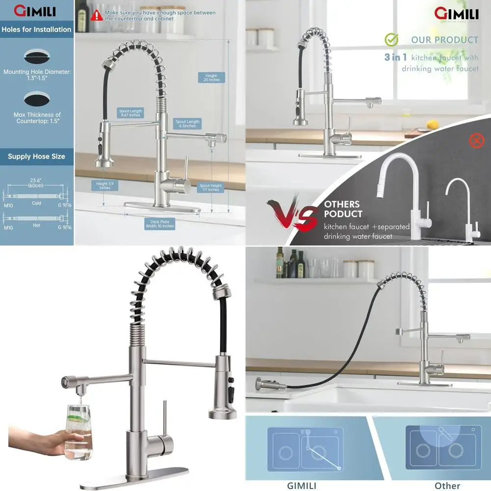 3-in-1プルダウン式業務用シングルハンドルブラッシュニッケルキッチン蛇口（フィルターなし）