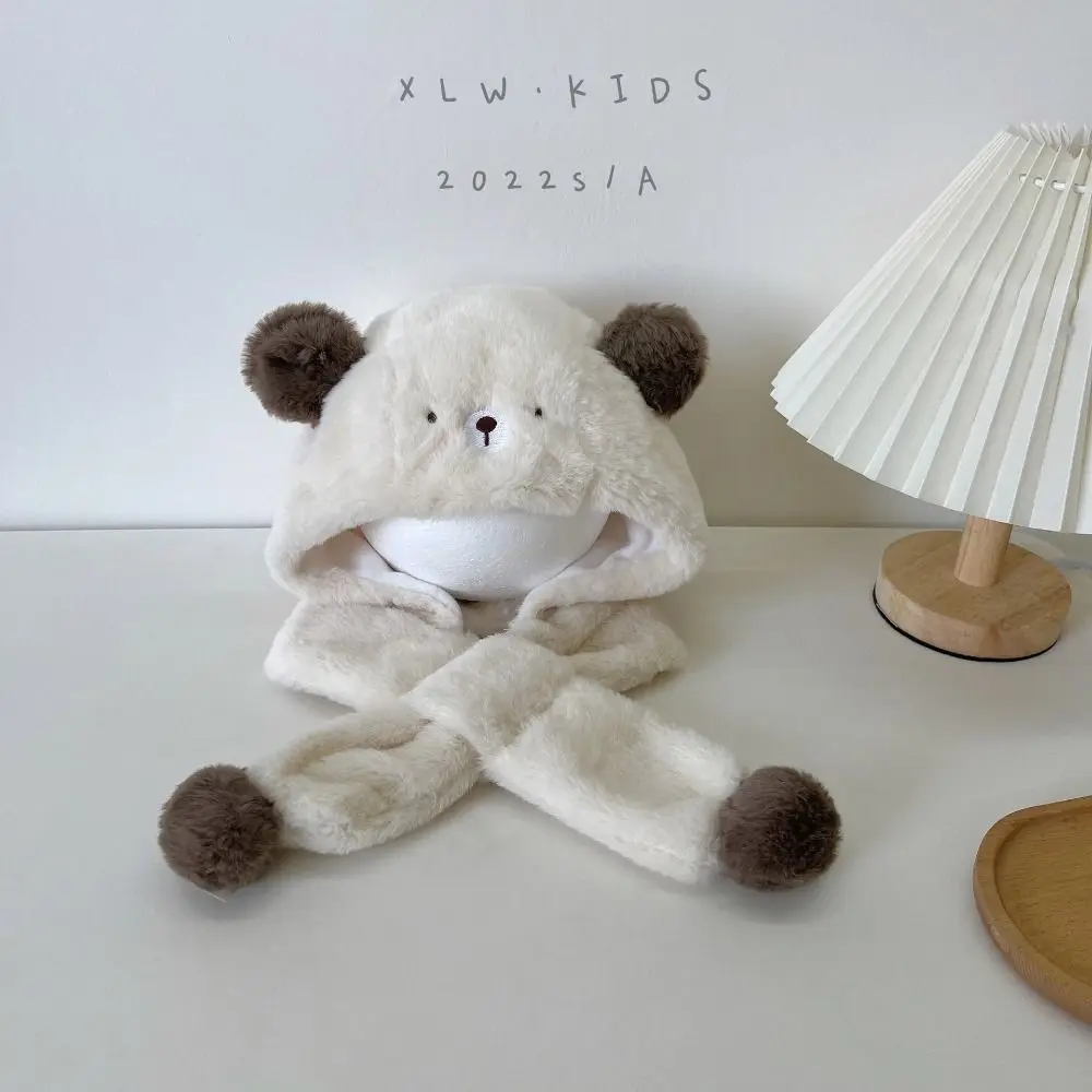 

Solid Color Bear Plush Hat Korean Style Fashion Design Children Fleece Hat Cloth Accessories Cartoon Plush Hat with Scarf