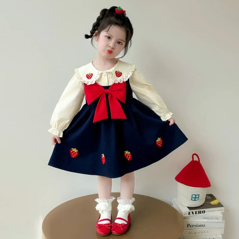 Girls Dress Set 2025 New Fashion Children Spring and Autumn Baby Strawberry Vest Dress Shirt Two Piece Set