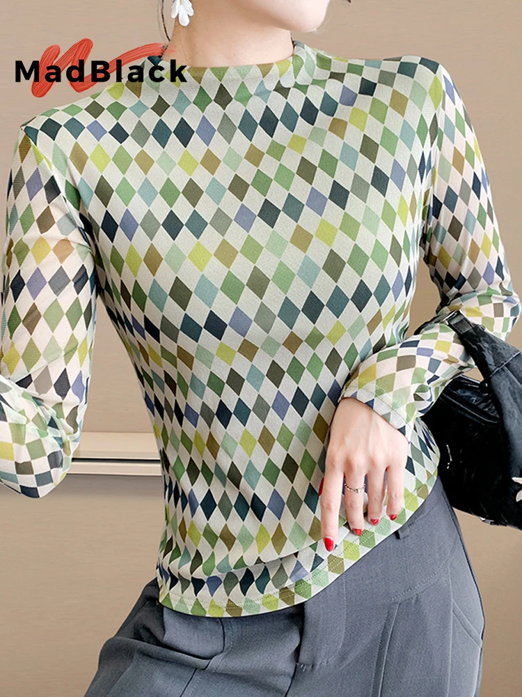 MadBlack-Women European T-Shirt, Sexy Turtleneck Geometry Print, Fashion Long Sleeve Slim S-3XL Mesh Tee, 2025 Autumn T59641CC