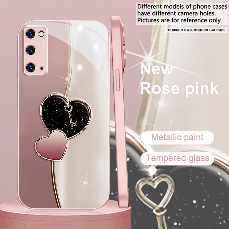 Gold Heart With Key Pink Metallic Glass Phone Case For Samsung Galaxy S26 S25 S24 S23 Ultra Plus FE S22 S21 S20 9 10 Back Cover