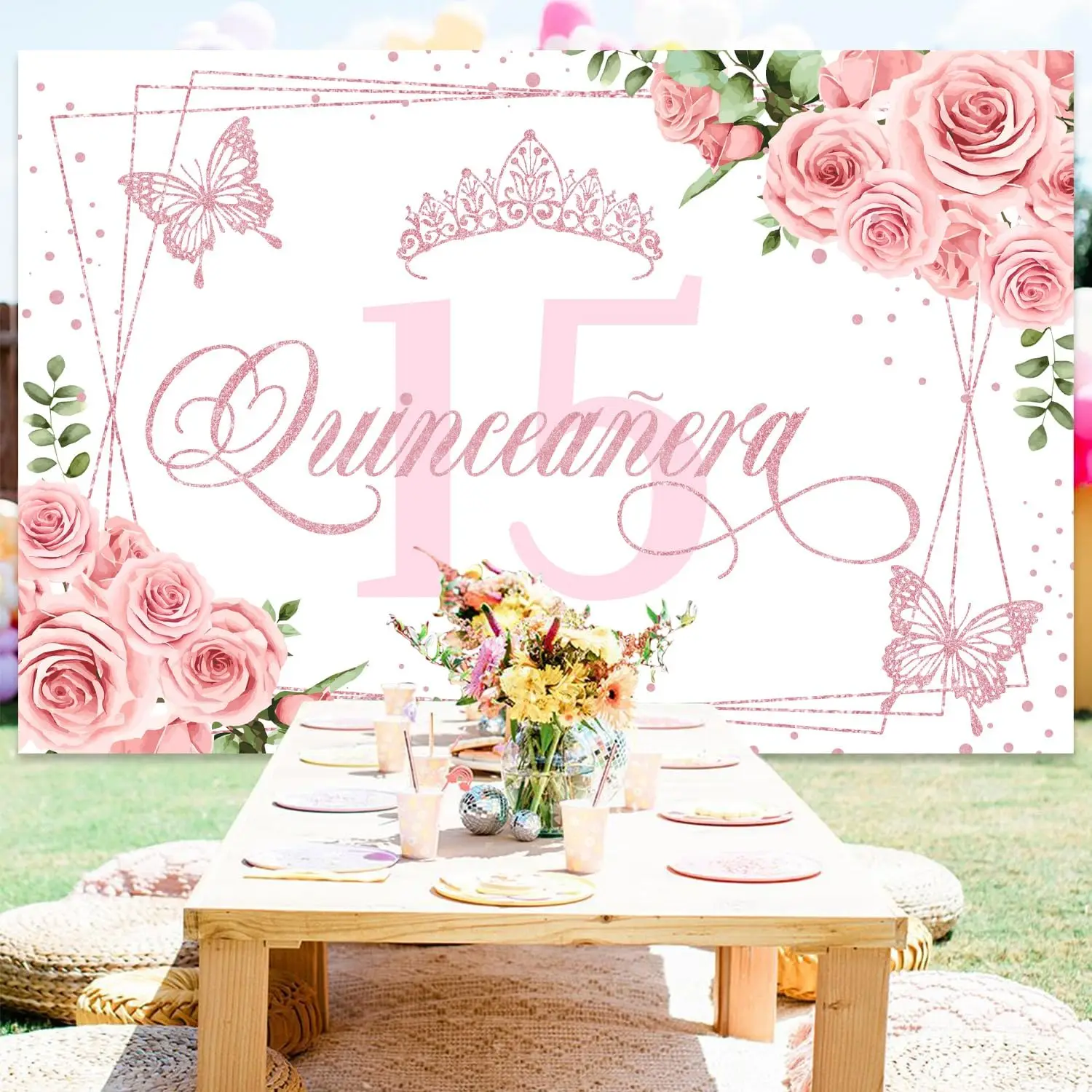 Joymemo 5x3ft Mis Quince Anos 15th Birthday Decorations Pink Crown Floral Butterfly Photo Background for Girls Party Supplies