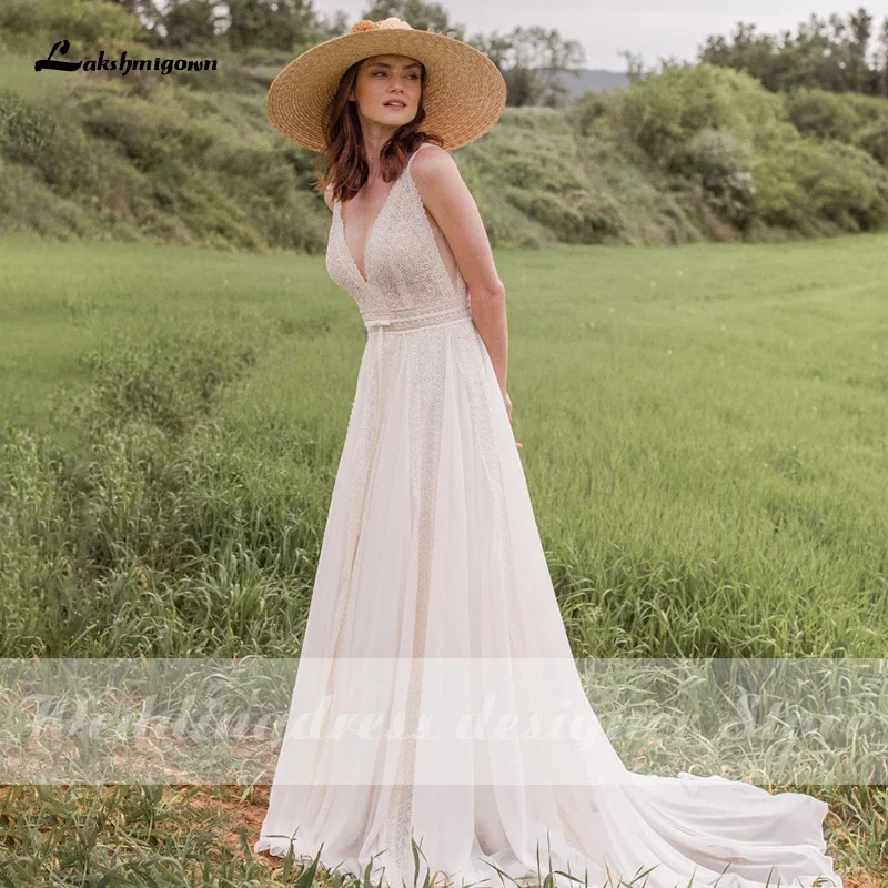 Lakshmigown ลูกไม้ Boho โบฮีเมียนชุดแต่งงาน 2021 vestido de novia A-Line ชายหาดเรียบง่ายชุดเจ้าสาวชีฟองความยาวชั้น V คอ