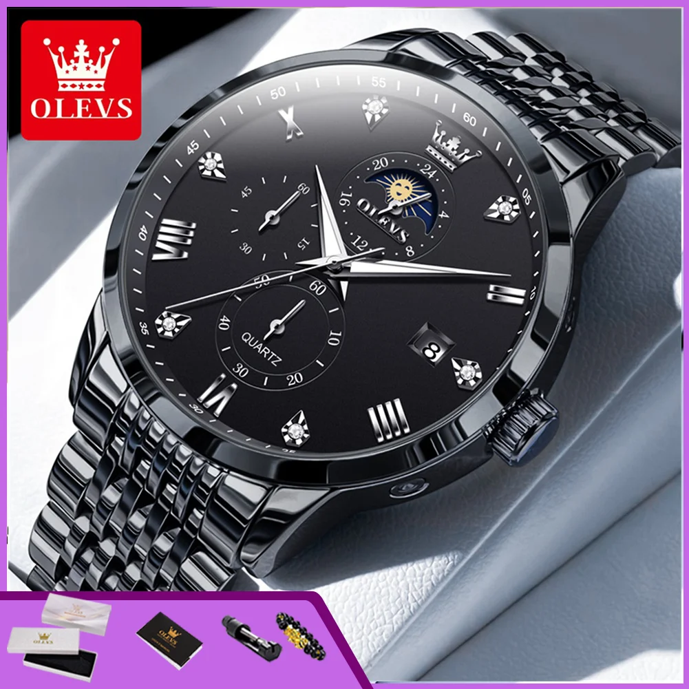 

OLEVS 2925 Man Wristwatch Top Brand Business Sport Chronograph Moon Phase Day Date Luminous Quartz Watch For Men Gift