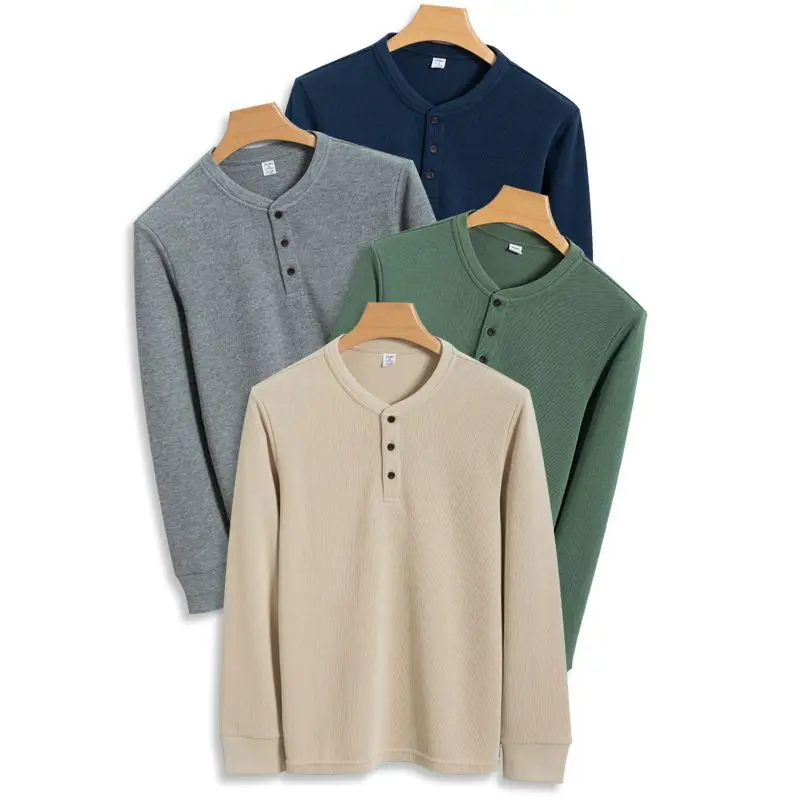 Henry Shirt Men's Long-sleeve Casual Round Neck T-shirt Male Base Layer Tops Knit Tshirt