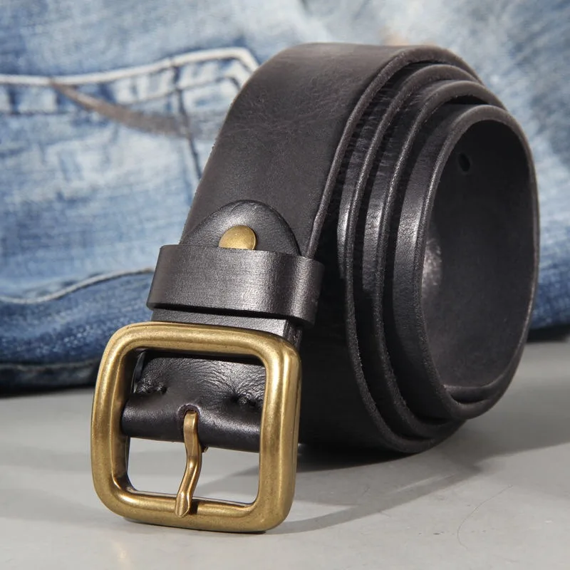 Classic Retro Men's Top Grain Genuine Leather Belt Simple Casual Business Jeans Belt Versatile Solid Brass Slide Buckle Daily We