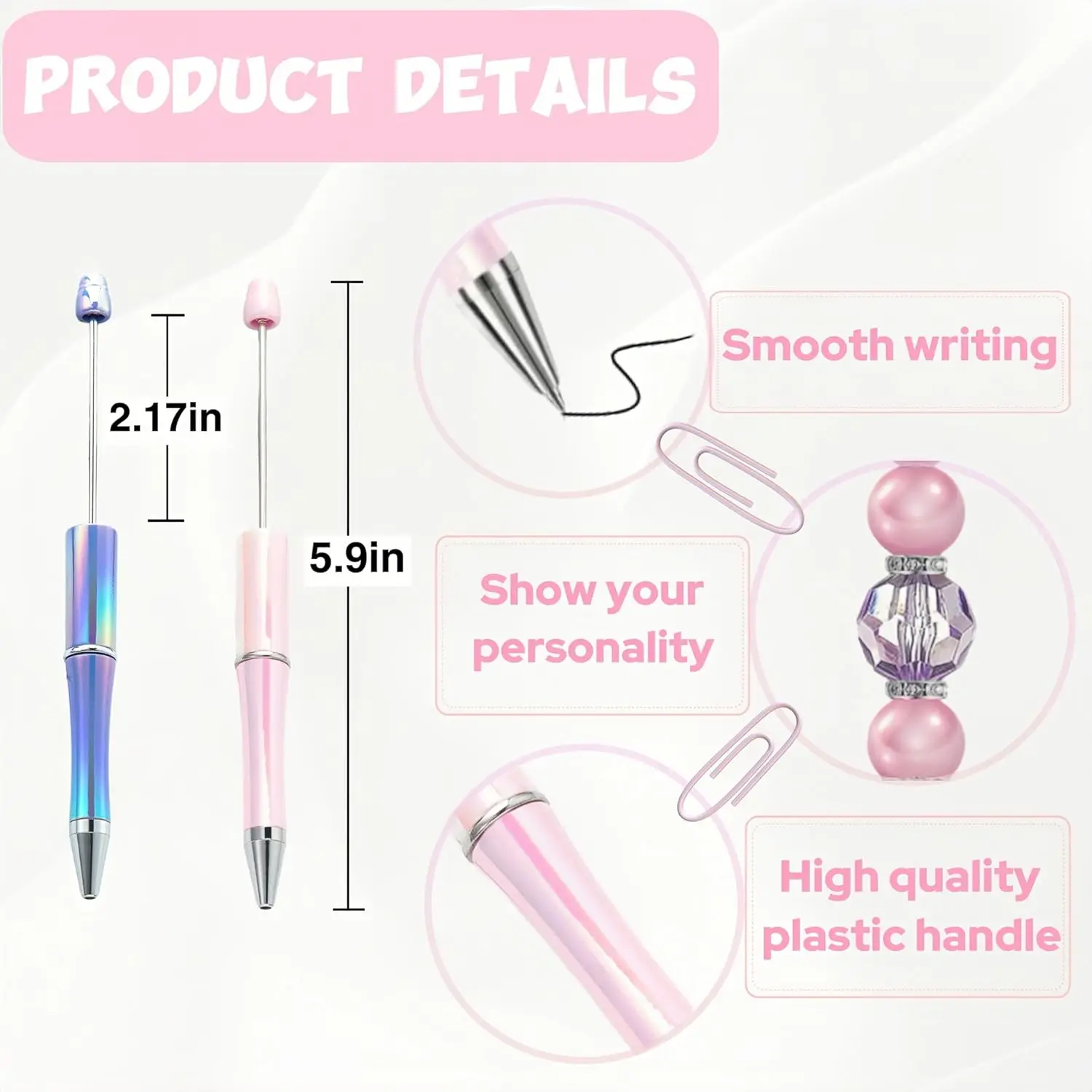 Beadable Pens 12 Pcs Gradient Colors Shiny Fancy Pens Bulk for Women Focal Beads Pens Retractable Ballpoint Cool Cute Pens