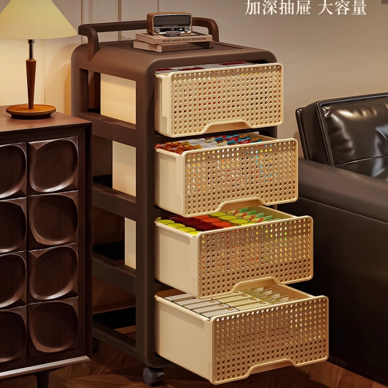 Multi-Layer Imitation Rattan Storage Cart with Drawers Mobile Snack Rack Organizer for Living Room Kitchen Trolley