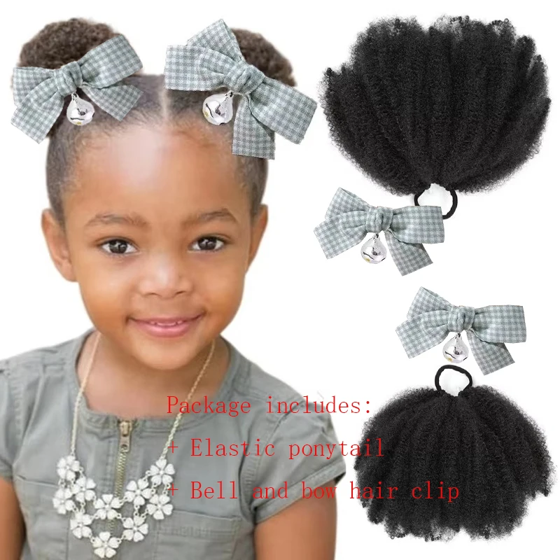 2 Packs Kid Ponytail Double Afro Puffs Kinky Curly Hair Bun Kid's bell checkered bow hair clip Natural Black Synthetic Hair