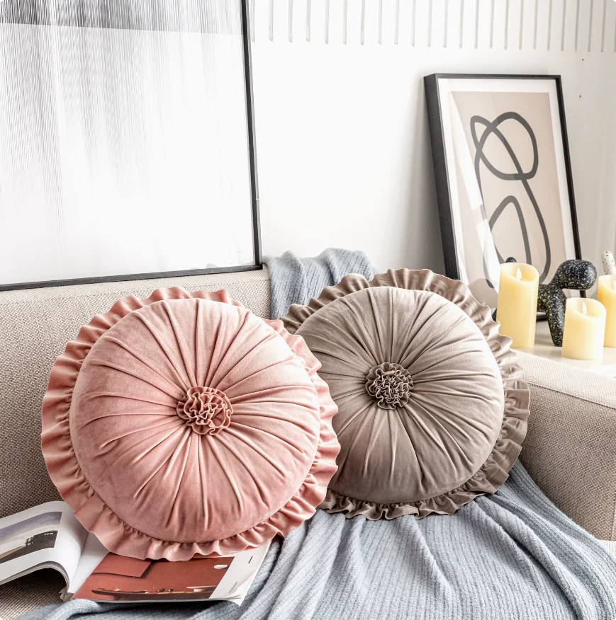 Princess Style Dutch Velvet Ruffled Flower Round Throw Pillow for Couch Decorative Seat/ Back Cushion for Sofa Bed Floor