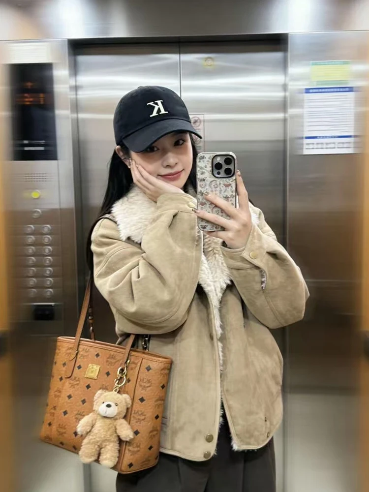 Jaqueta Feminina de Inverno com Gola de Pele de Cordeiro Retrô, Jaqueta de Couro Quente e Confortável, Casual, Solta, em Fibra de Poliéster