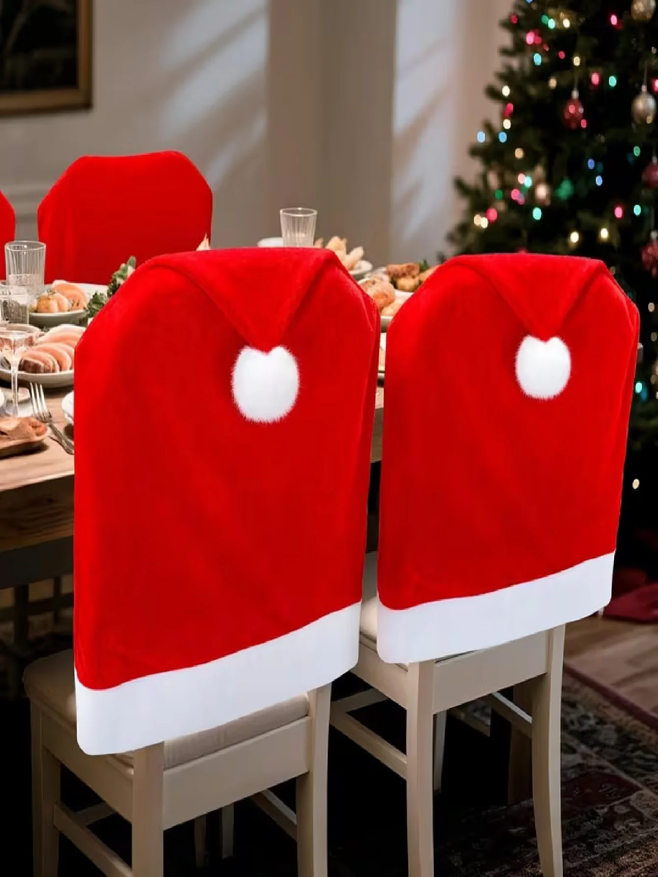 10-Piece Set of Luxurious Velvet Chair Covers in Red and Gold - Soft, Non-Slip Dining Table Protectors, Easy-To-Clean Fitted Design, Suitable for Holiday Party Chairs (Compatible with Most Chair Types) - Elegant Christ