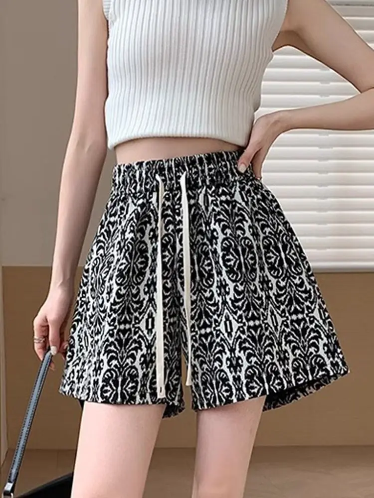 Chinesischen Stil Drucken Breite Bein Shorts für Frauen Dünne Sommer Lose Sport Freizeit 3/4 Hot Pants