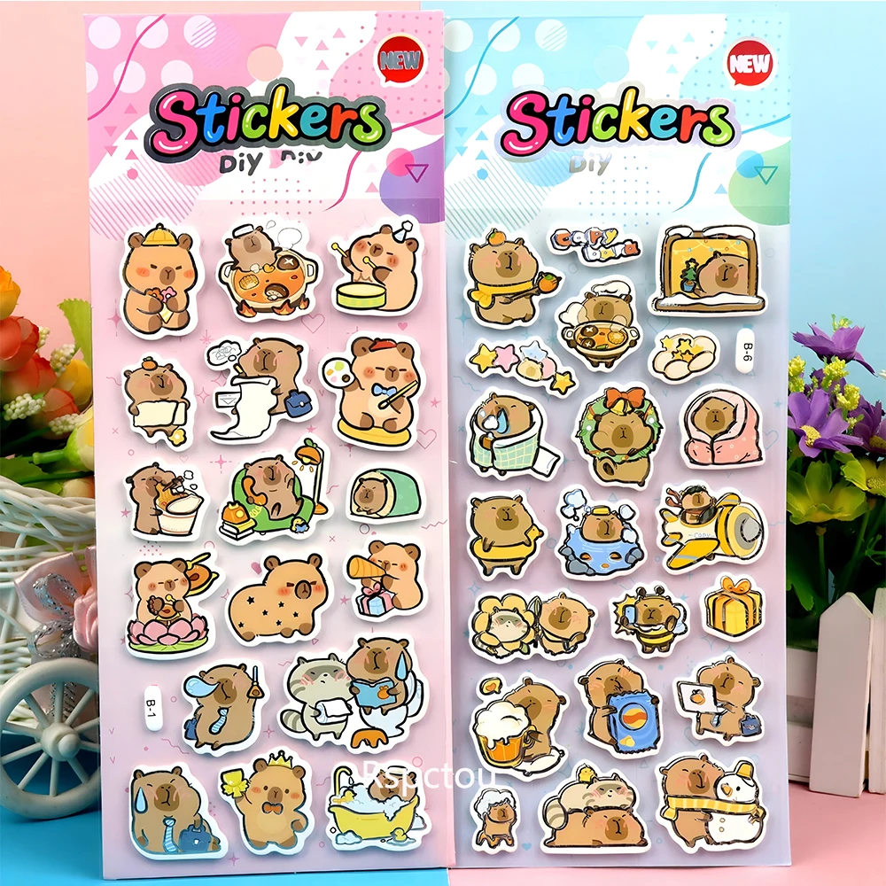 Pegatinas hinchadas 3D de capibara divertidas, calcomanía de burbujas de animales, juguete impermeable, papelería DIY, portátil, pegatina de recompensa de dibujos animados, 6 uds.