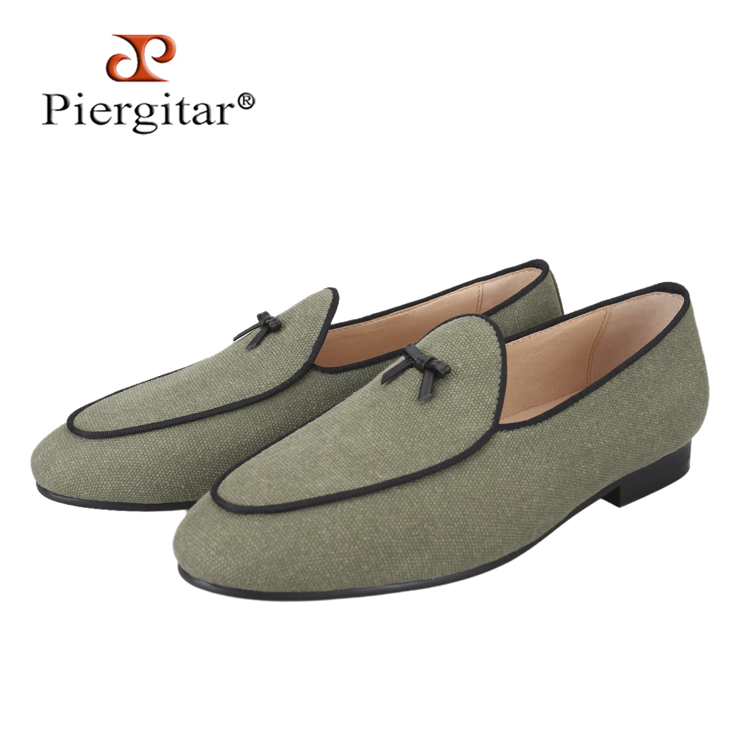 Piergitar Three Colors Raw Cotton Canvas Belgian Loafers With Calfskin Flat Bows Handmade Slip-On Classic Men's Smoking Slippers