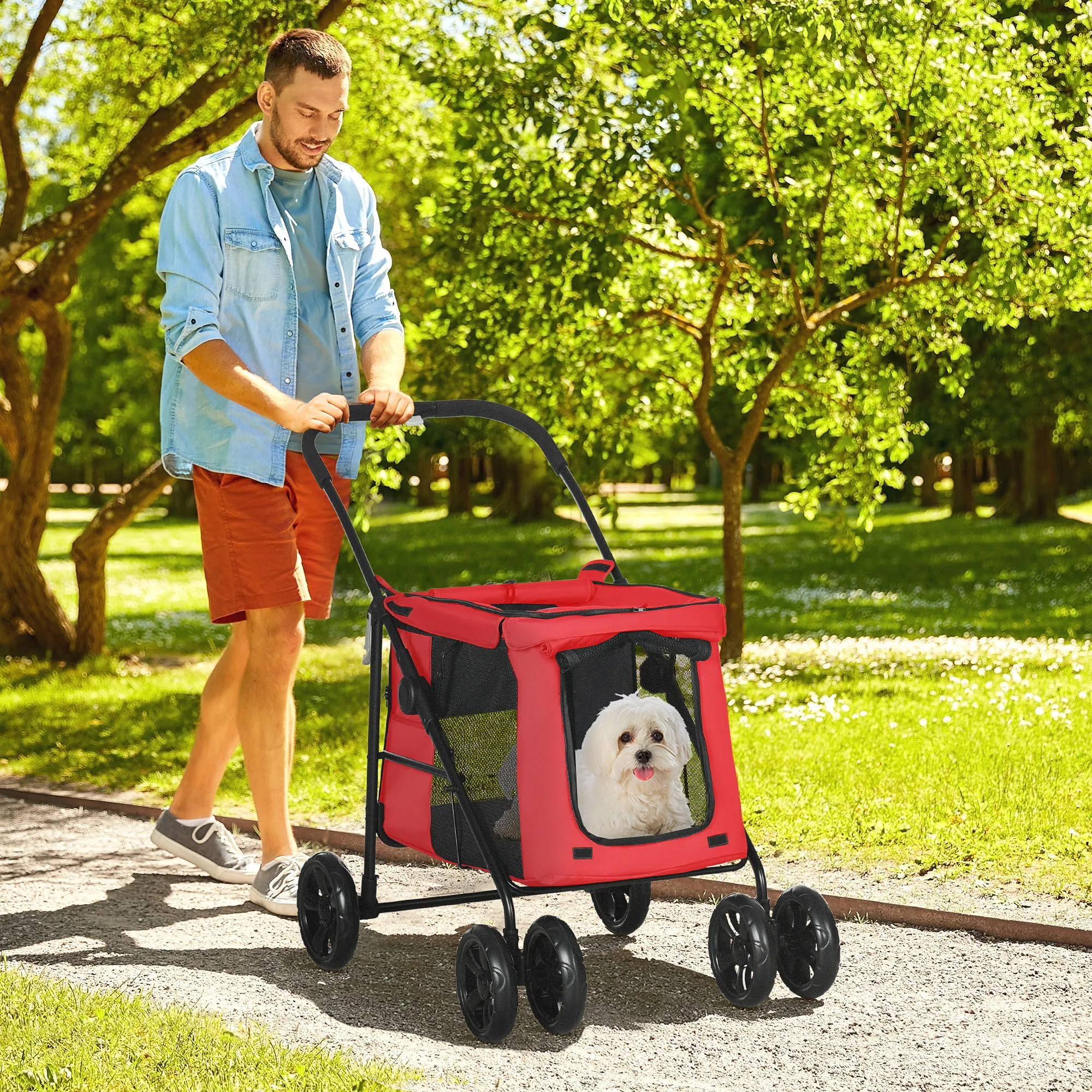PawHut hondenbuggy met opvouwbare constructie, kussen inbegrepen, stoffen remwielen, Oxford 600D stalen frame voor dieren onder de 20 kg.