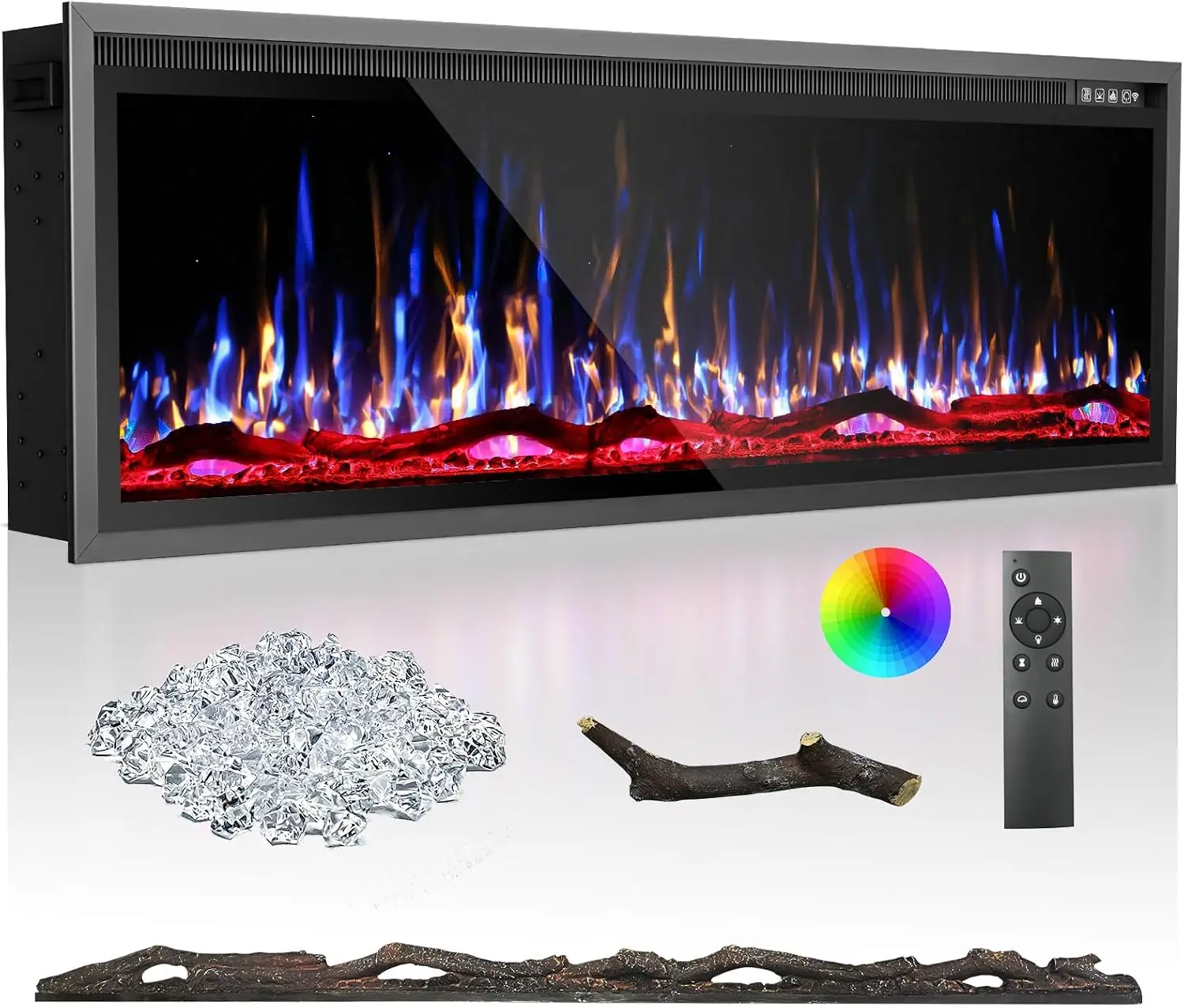 60'' Electric Fireplace-Recessed & Wall Mounted Linear Fireplace-750/1500W Heater w/Temperature Control, Log & Crystal Options,
