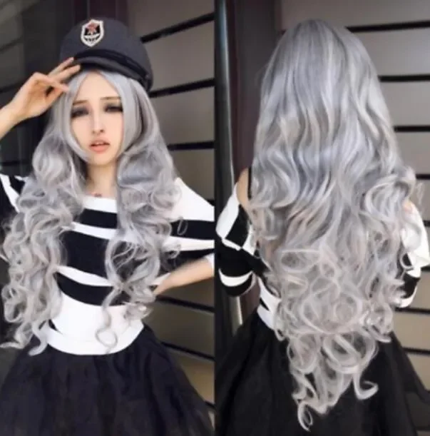 Fashion Women Stone gray Long Curly Wavy Hair Full Cosplay Lolita Party Wig