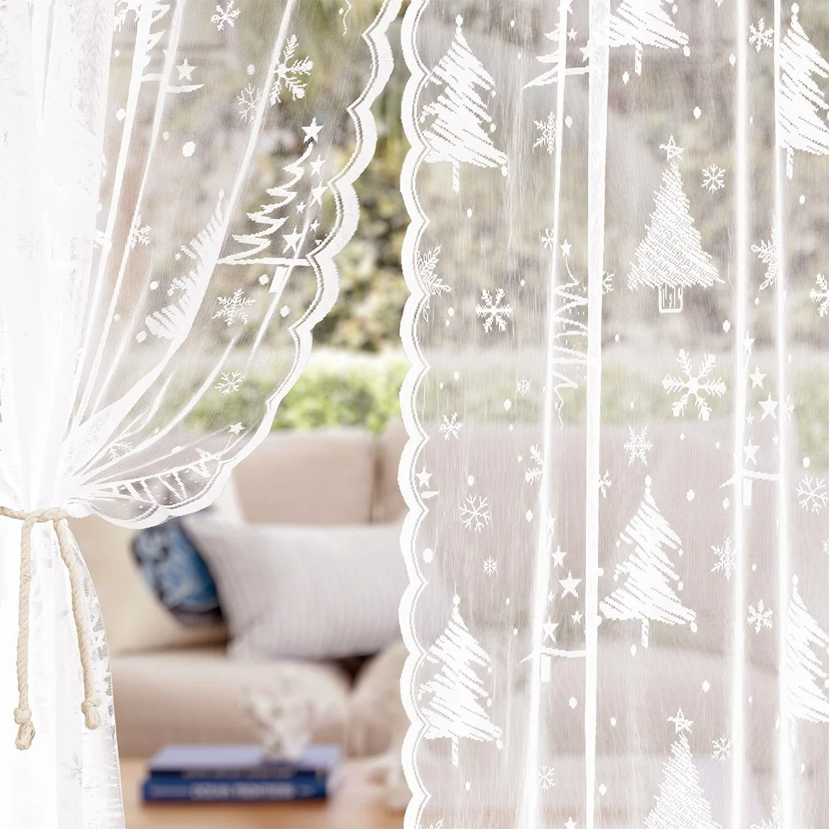 

Christmas Lace Curtains, Christmas Tree And Ice Flower Patterned Lace Curtains, Shades Screen for Home/Garden/Party/Hotel/Mall
