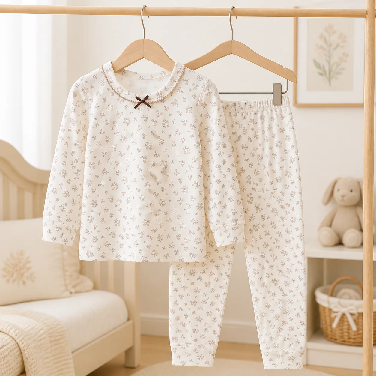 Girls Small Floral Print Pajama Set with Bow Detail, Long Sleeve Top and Pants, 2-Piece Loungewear