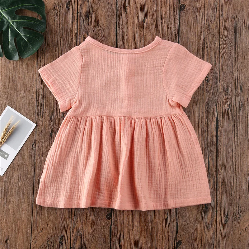 Toddler Baby Girl Summer Dress Solid Color Short Sleeve Button Cotton Linen Mini A-line Dress 6Months-3Years