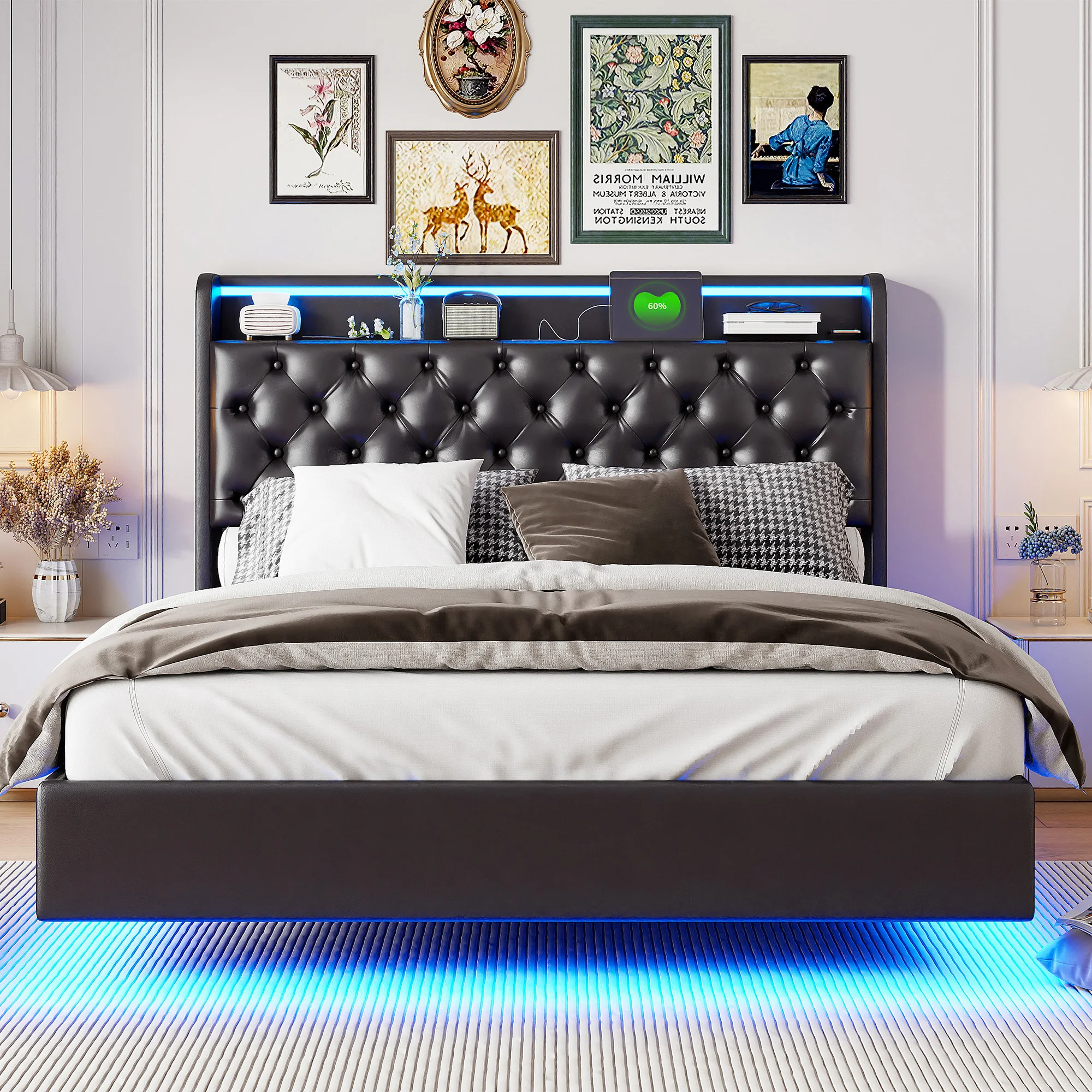 Rosahqnda Polsterbett, Doppelbett mit USB-Ladefunktion, LED-Beleuchtung, Kopfteil mit Stauraum, versteckte Bettfüße, Leder-Finish – Detail 4