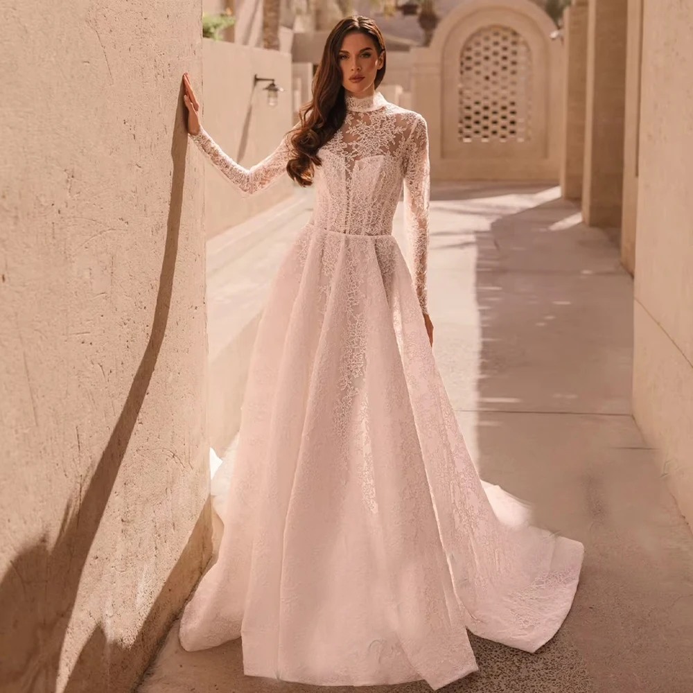 Customized Vintage Lace Wedding Dresses For Woman Bridal A-LINE High Neck Long Sleeves Appliques  Floor Length Bridal Gown