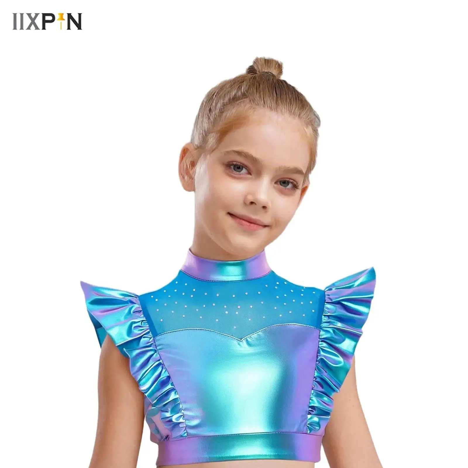 

Kids Girls Metallic Tank Tops 70s Disco Jazz Dance Shirts Mock Neck Mesh Patchwork Shiny Rhinestone Sleeveless Ruffle Crop Tops