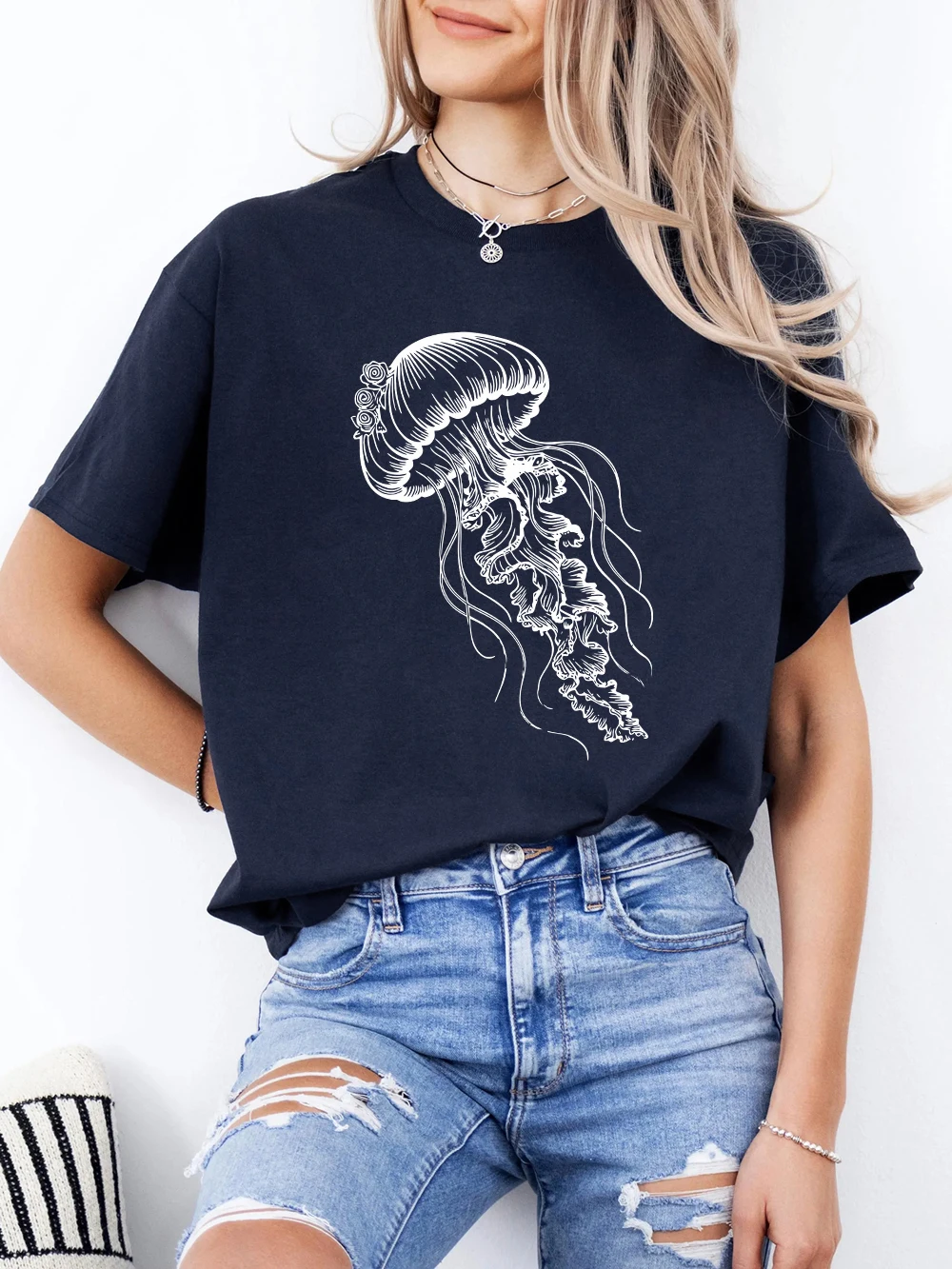 

Jellyfish Doodle Printing T-Shirt Women Cotton Summer Short Sleeve Comfortable Soft O-Neck Oversized Tops Basic Womans Clothes