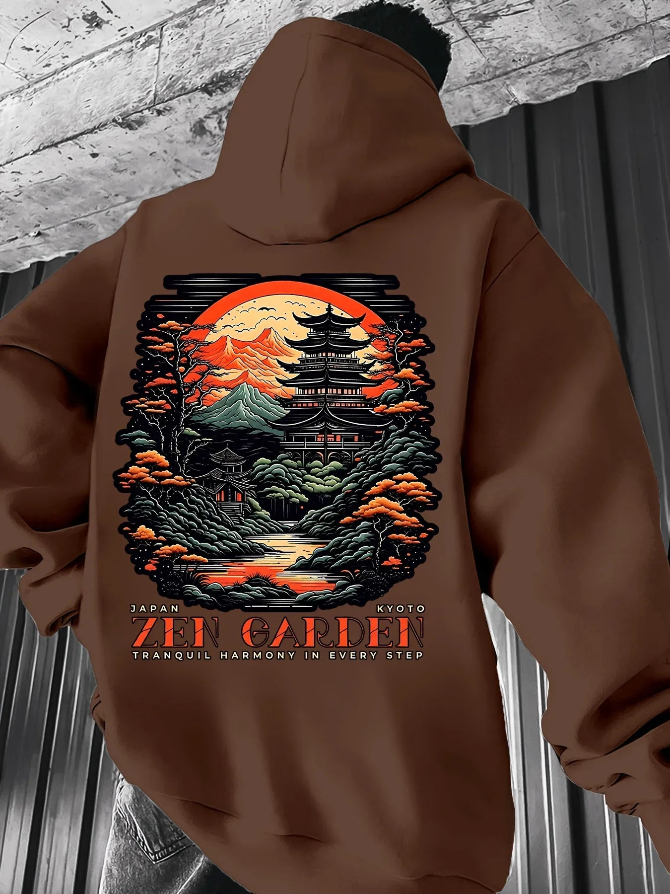 Men Japanese Style Hoodie Zen Garden Pagoda Forest Sunset Retro Art Print Loose Fit Urban Pullover Sweatshirt Autumn Winter