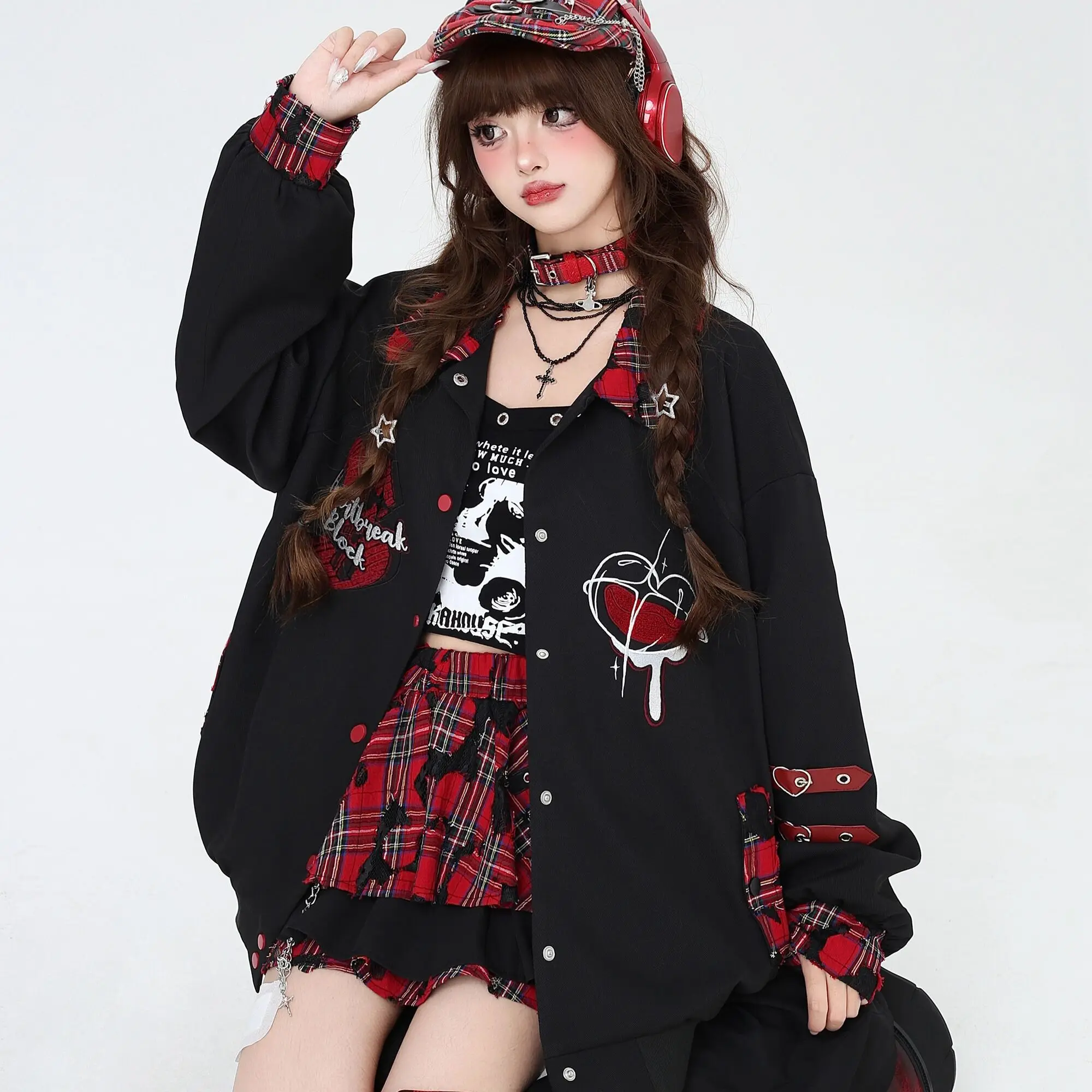Subculture Gothic Vintage Embroidery Plaid Patchwork Jacket Harajuku Single-breasted Sweatshirt Baseball Jersey Women Streetwear