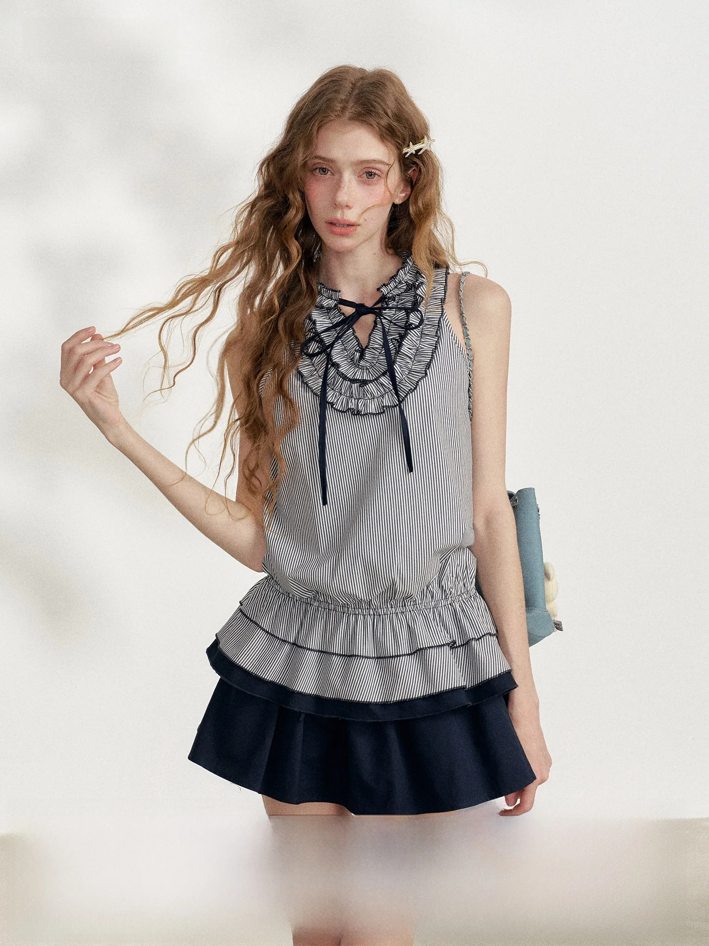 

New Empire 2026 Summer Blue Stripe Neck Hanging Top Cake Short Skirt Two-Piece Set Women's Fashion Casual Outfit