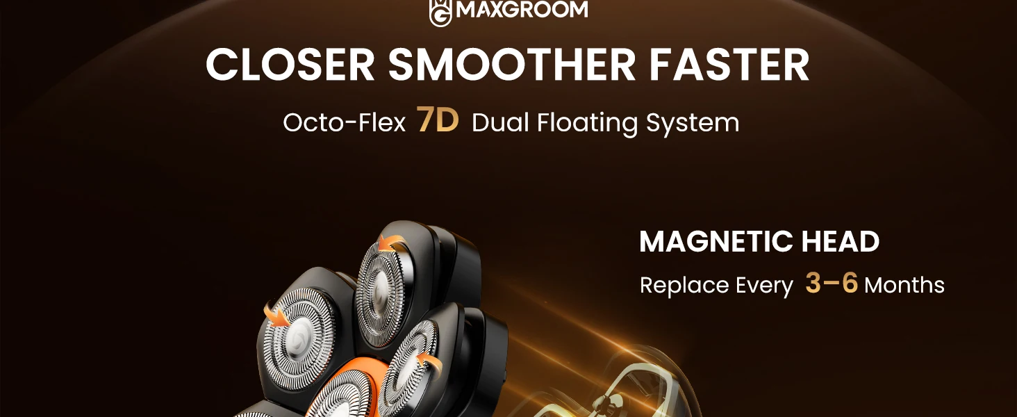 MAXGROOM 7D Floating Bald Head Shaver IPX6 Waterproof LED Display Wet Dry Electric Razor 7 Blades Magnetic Washable Head Shaver