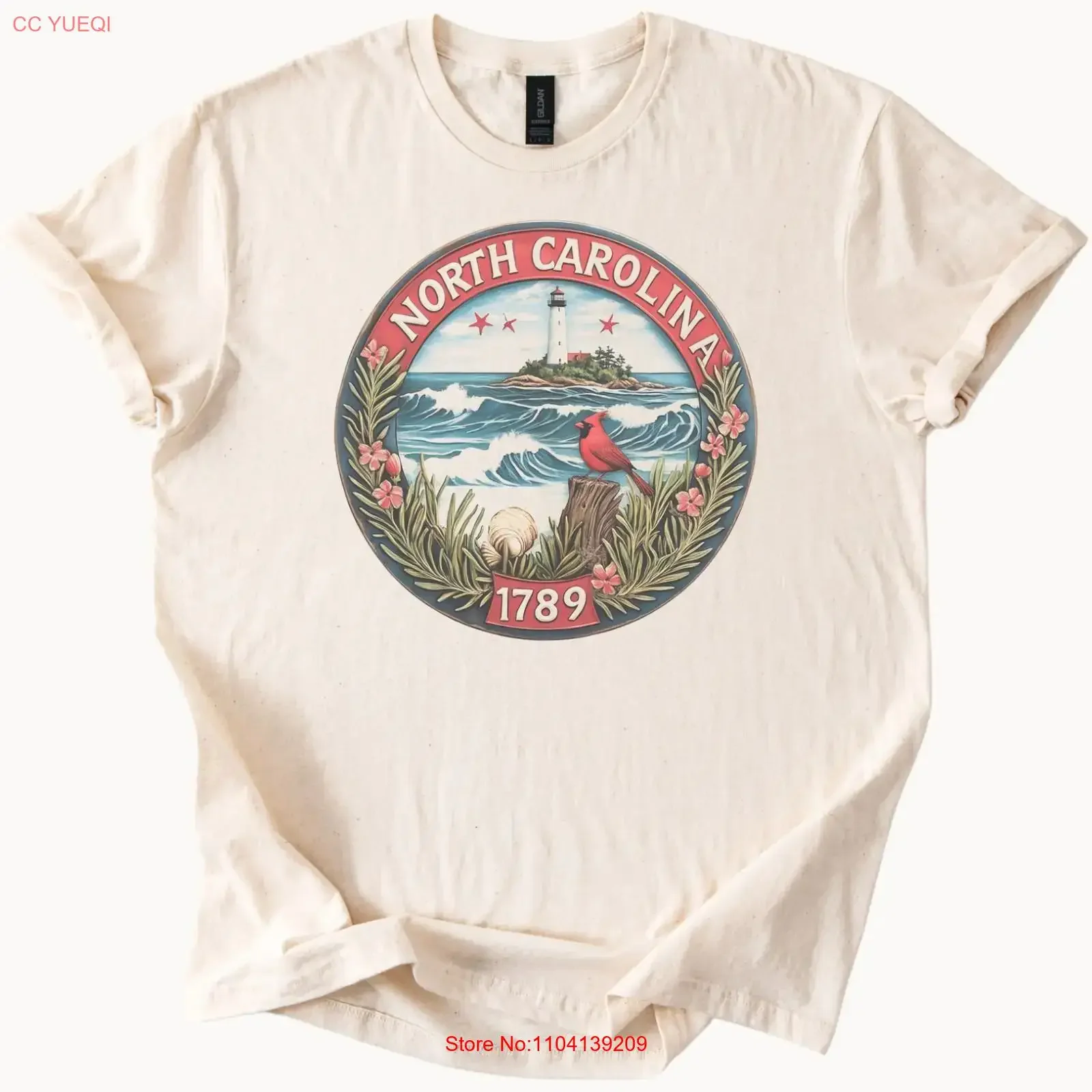 North Carolina Lighthouse Ocean Waves Cardinal T Shirt 1789 Art vintage Washed Comfortable designer clothes Soft streetwear
