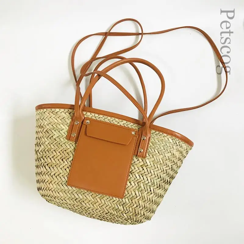 

Designer Leather Stitching Woven Tote Bags For Women Handmade Straw Bag Summer Beach Shoulder Crossbody Basket Bags Travel Purse