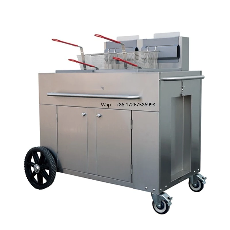 Baikai Professional Outdoor Gas Stainless Steel 4-Wheel Deep Fryer Double Basket for Catering Business Construction Site Canteen