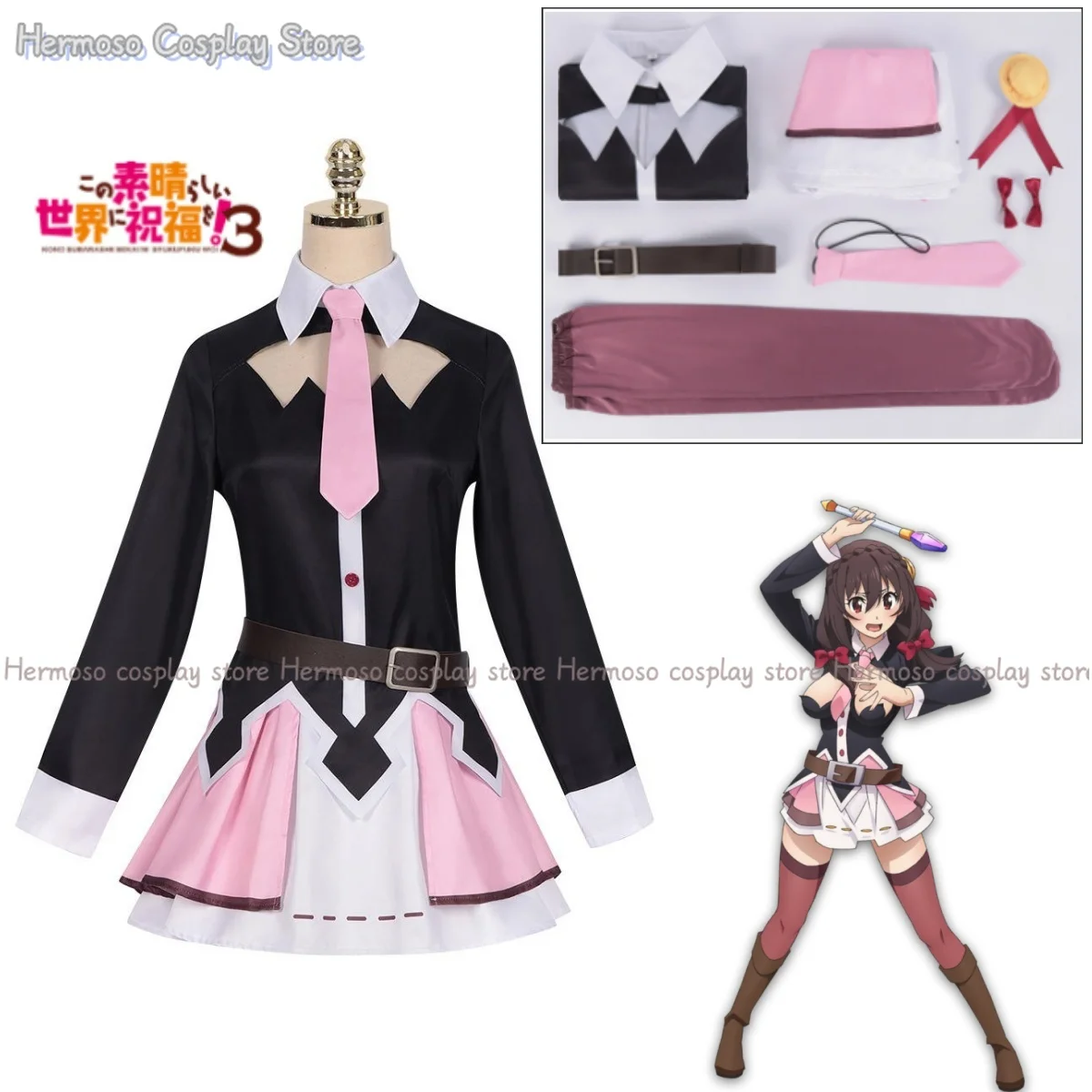 Disfraz de Yunyun de God's Blessing on This Wonderful World para mujer y niña, vestido rosa y negro